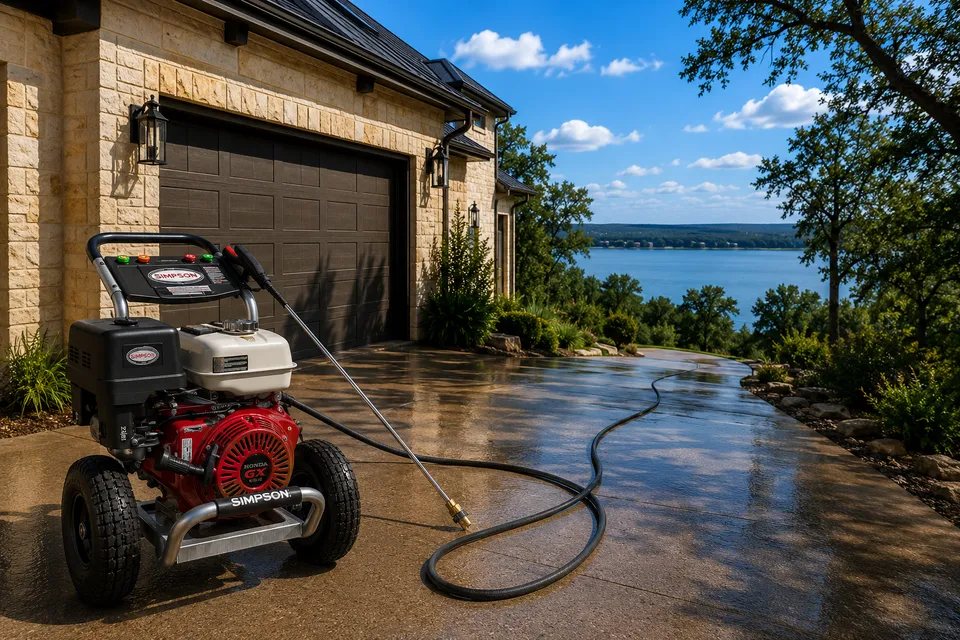 Pressure washer in use during exterior cleaning